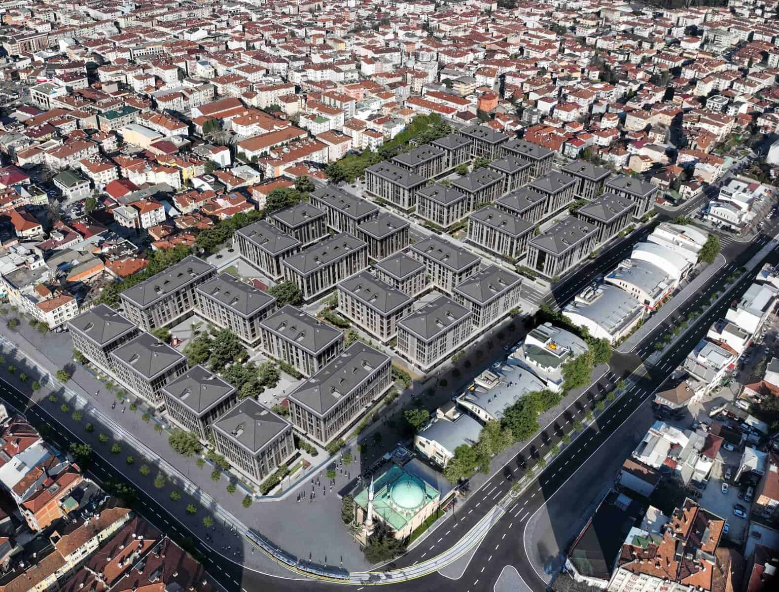 Yüksek çözünürlüklü kentsel gelişim projesi görüntüsü, yeni ofis ve yaşam alanları, yapısal tasarım, inşaat ve medya çözümleri.