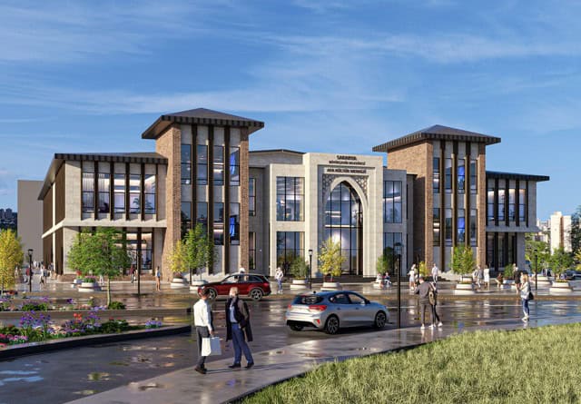 Dış görünümlü modern basın merkezi binası, şehir merkezinde konumlu ve gelişmiş tasarıma sahip.